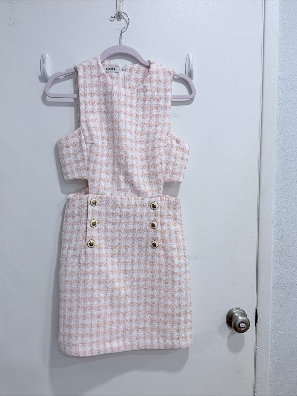 Sandro  NWT Pink Tweed Mini Dress with Gold Buttons